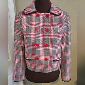 Red, Black, and White Plaid Pea Coat with Peter Pan Collar Vintage